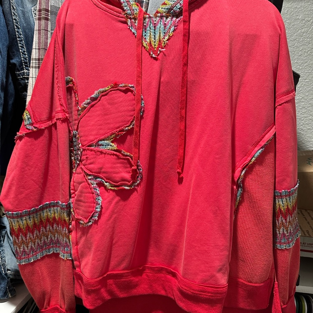 Women's Red Flower Embroidered Hooded Sweatshirt by Easel NEW